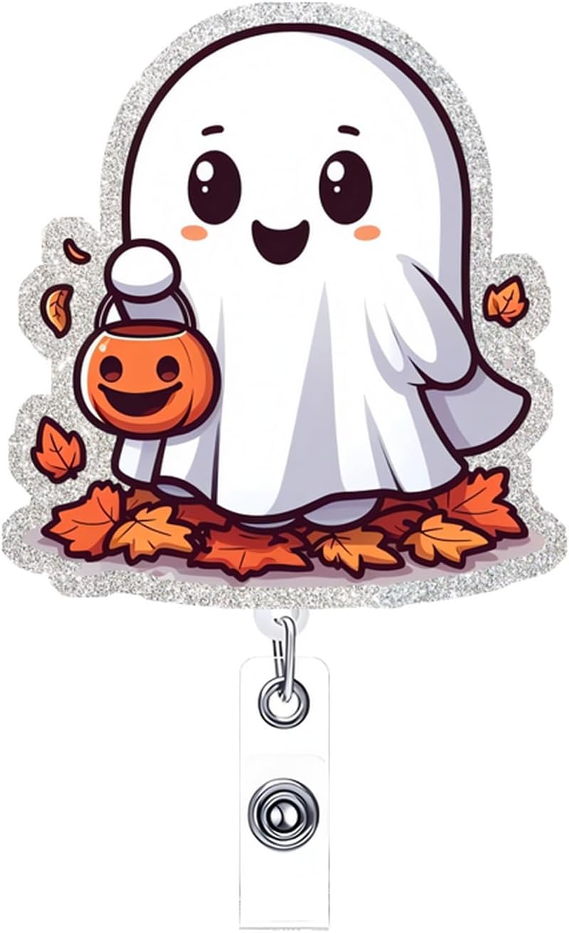 NSSHEL Ghost Badge Reel Retractable Ghost Carrying Basket Badge Clip with Maple Leaves Designs Acrylic Halloween ID Name Holder Clip for Nurse, Teacher, Student, Hospital, Office Worker Name Tag - Image 1